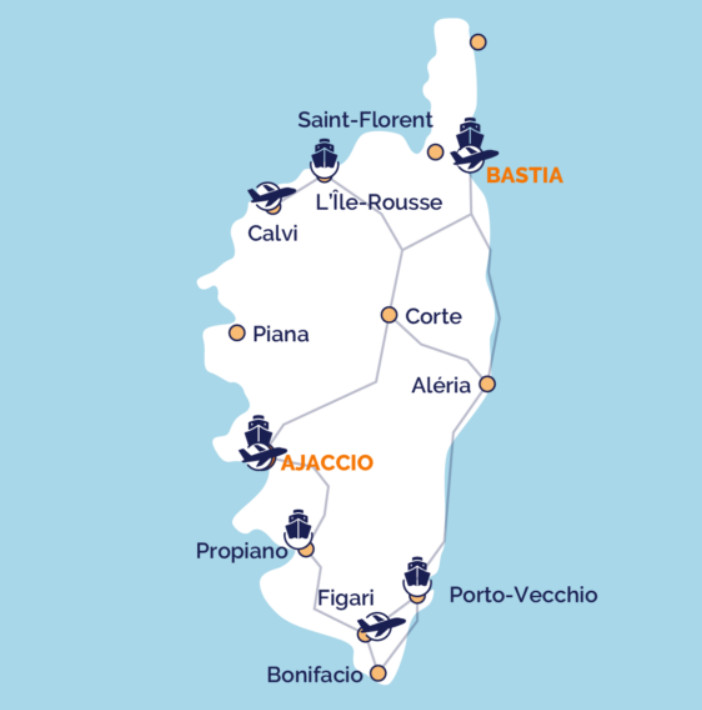 airport map in corsica. Carte des aeroports en corse