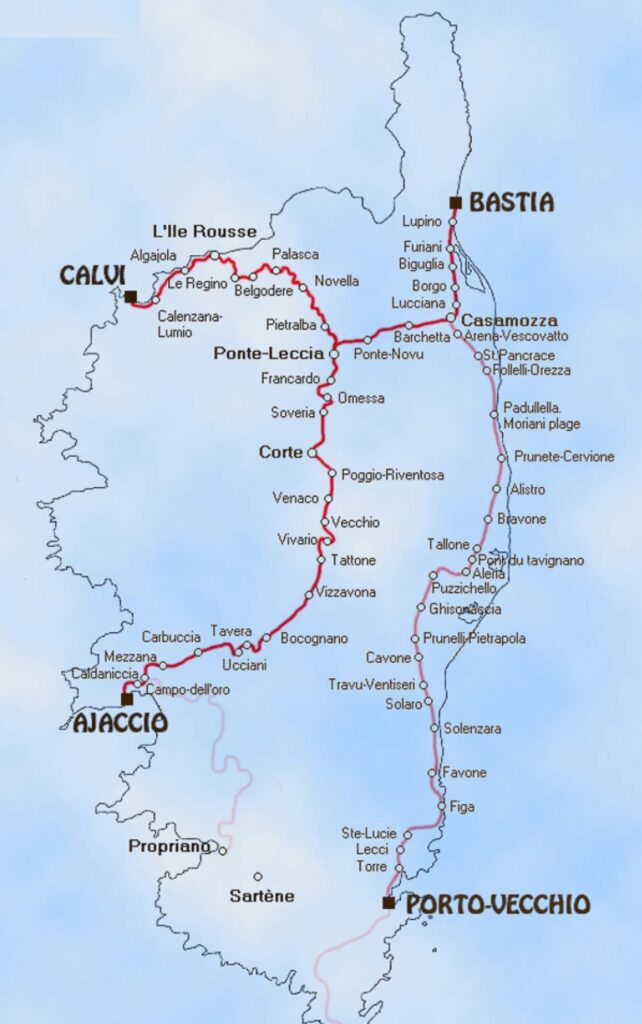 train map in corsica island. Carte du reseau ferroviair en corse