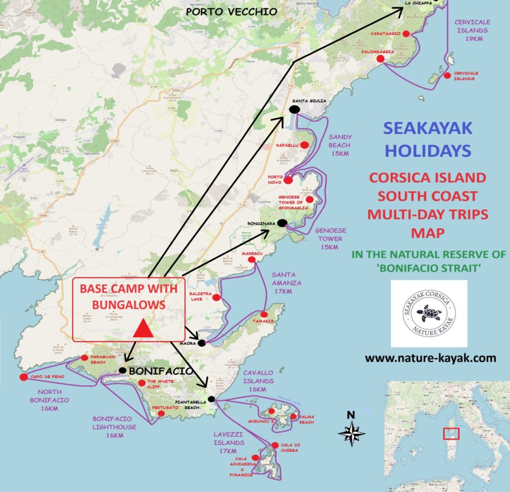 maps of the multi days trip in bonifacio with seakayak Corsica. Carte des itinéraires à la journée pour le séjour en étoile à la semaine